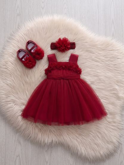 Elegant Mesh Rosette Birthday Dress Matching Set – 3PCS Baby Girl Outfit with Headband & Shoes - Wine - 12-18M - image 32