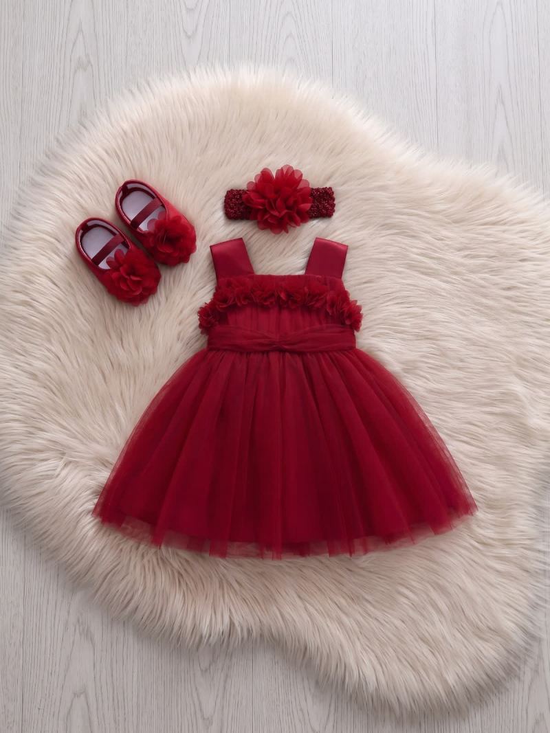 Elegant Mesh Rosette Birthday Dress Matching Set – 3PCS Baby Girl Outfit with Headband & Shoes - Wine - 12-18M - image 32