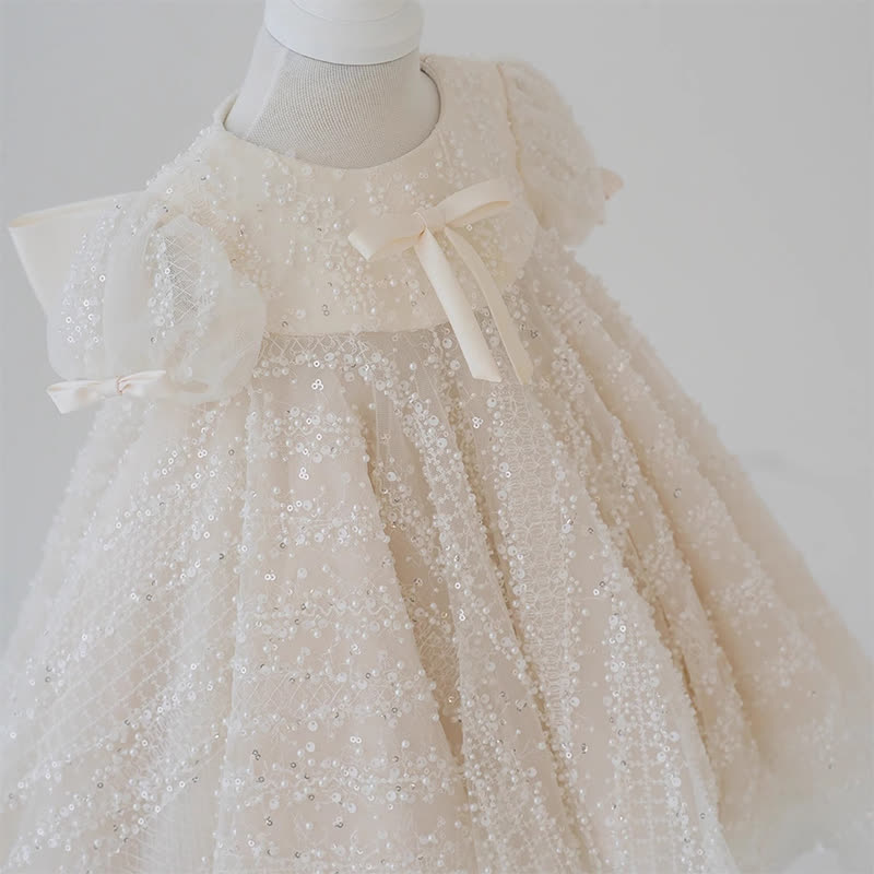 Chemical Fiber Blend Bow Beaded Short Sleeve Mid-long Dresses - image 3