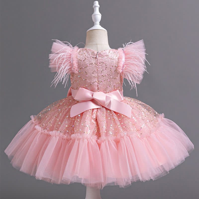 Mesh Feather-trimmed Bow Cap Sleeve Mid-long Dresses - image 9