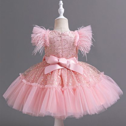 Mesh Feather-trimmed Bow Cap Sleeve Mid-long Dresses - image 9