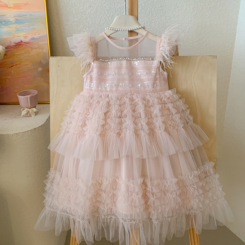 Mesh Folds Feather-trimmed Sleeveless Regular Dresses - image 12