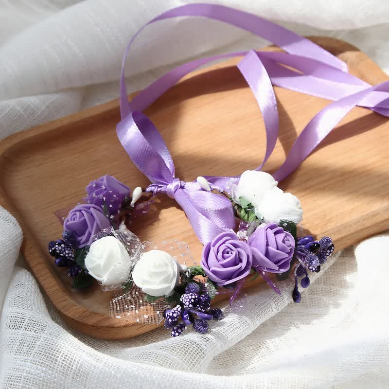Solid Rosette Wrist Corsage - Purple White - 17CM - image 11