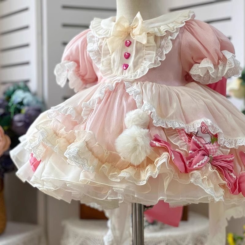 Chemical Fiber Blend Fuzzy Ball Bow Short Sleeve Midi Dresses - image 4