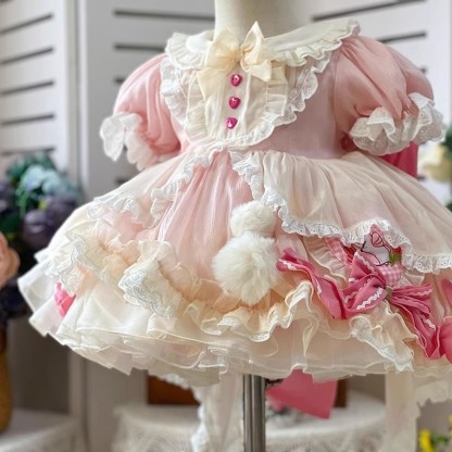 Chemical Fiber Blend Fuzzy Ball Bow Short Sleeve Midi Dresses - image 4