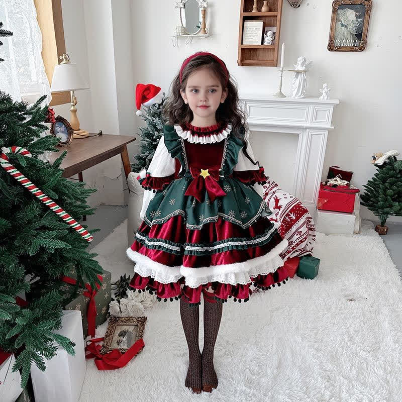 Velvet  Stitching Lace Split Joint Long Sleeve Midi Dresses - Christmas - 8-9Y - image 1