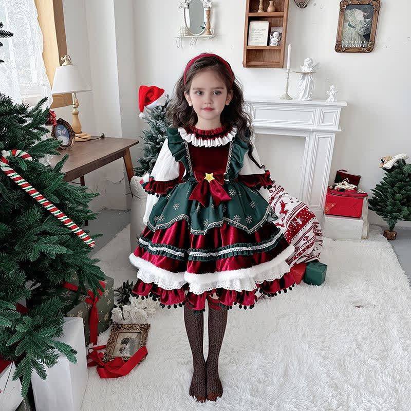 Velvet  Stitching Lace Split Joint Long Sleeve Midi Dresses - Christmas - 8-9Y - image 1