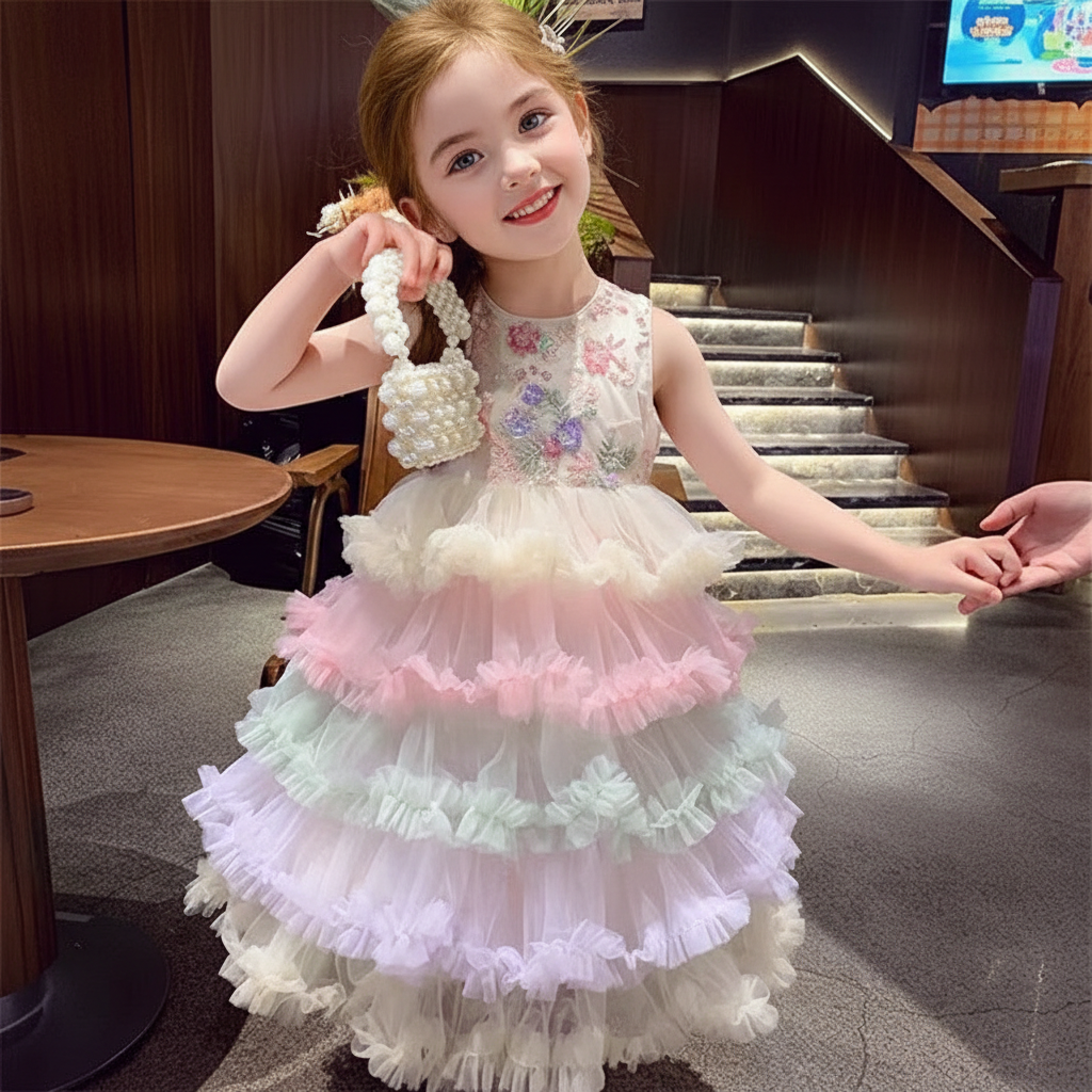 Mesh Floral-embroidered Folds Sleeveless Mid-long Dresses - image 3