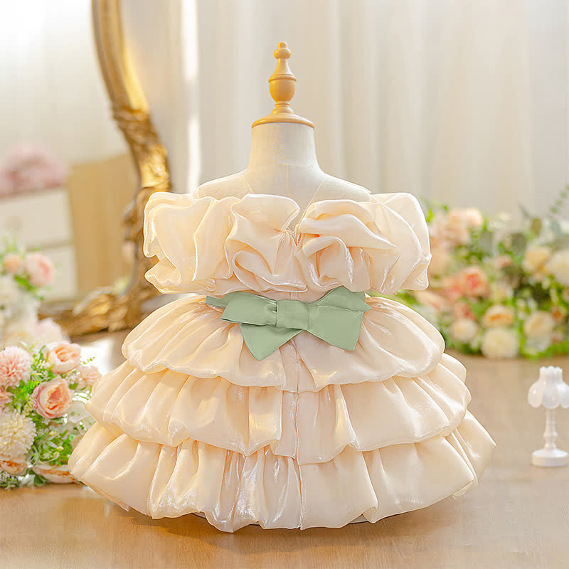 Organza Folds Bow Short Sleeve Mid-long Dresses - image 7