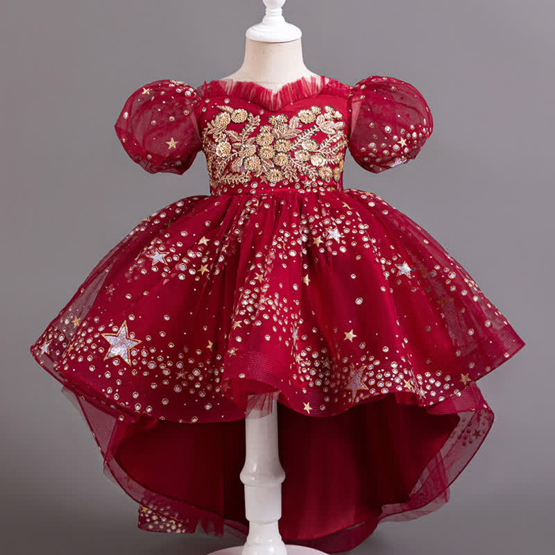 Mesh Irregular Craftsmanship Short Sleeve Long Dresses - Red - 12-13Y - image 10