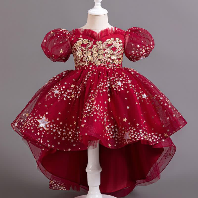 Mesh Irregular Craftsmanship Short Sleeve Long Dresses - Red - 12-13Y - image 10