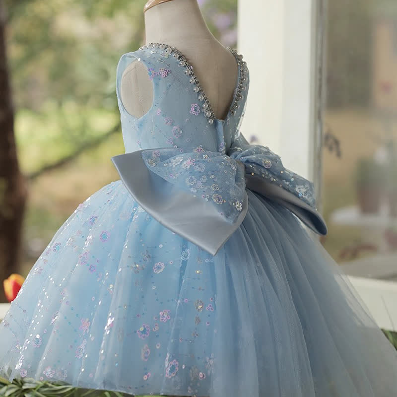 Mesh Glitter Bow Sequins Imitation Pearls Sleeveless Mid-long Dresses - image 6