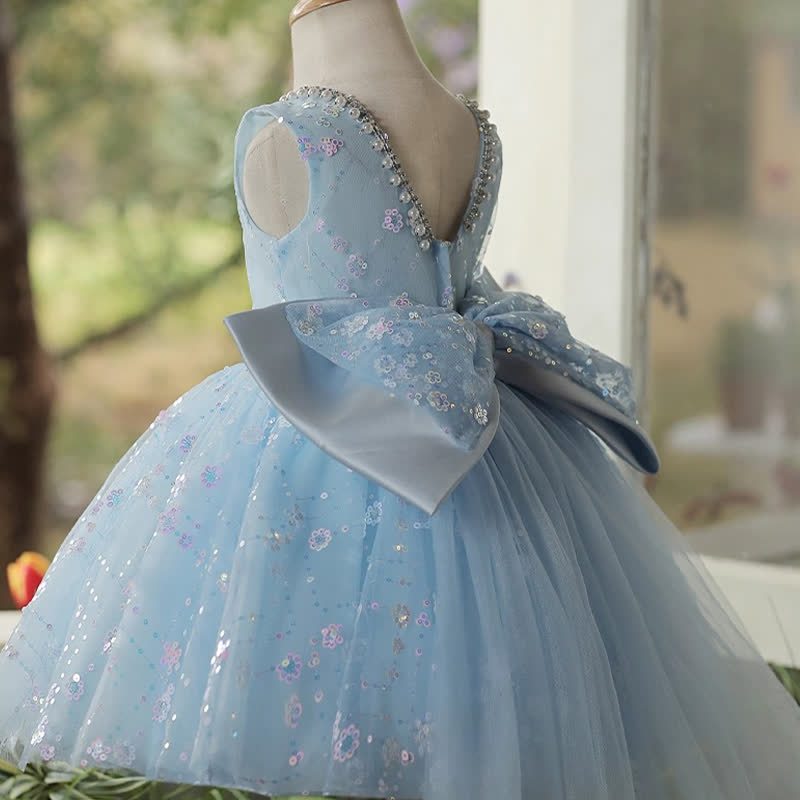 Mesh Glitter Bow Sequins Imitation Pearls Sleeveless Mid-long Dresses - image 6