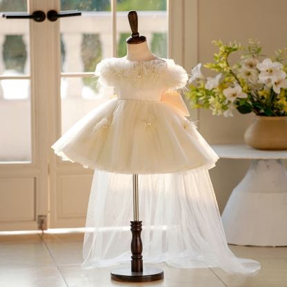 Chemical Fiber Blend Imitation Pearls Bow Feather-trimmed Short Sleeve Mid-long Dresses - image 3