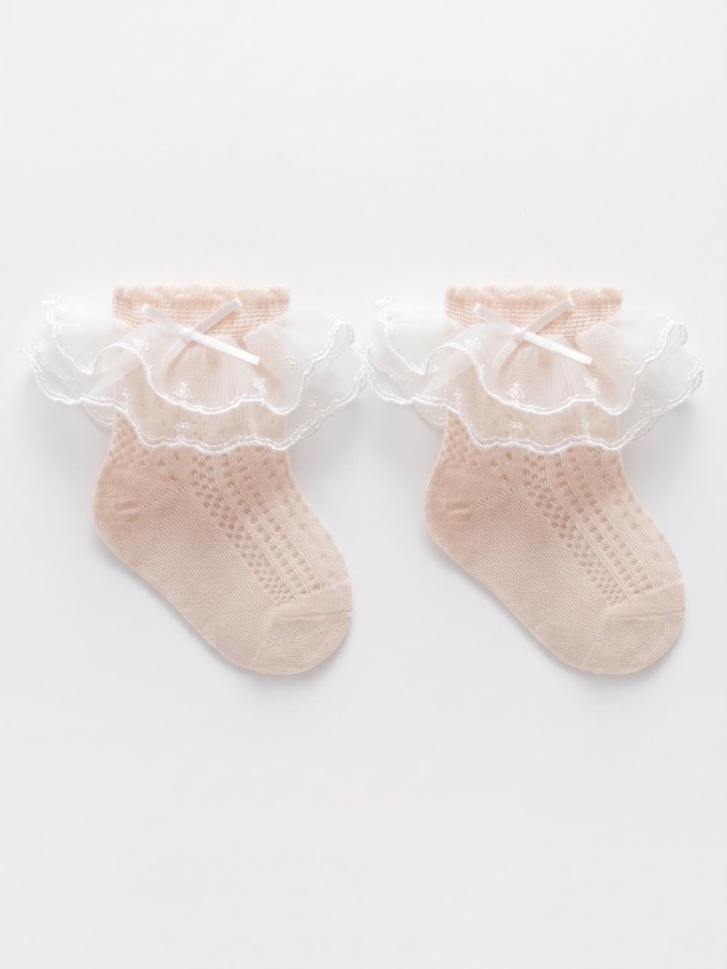 100% Cotton Solid Stitching Lace Socks - Pink - 5-8Y - image 6