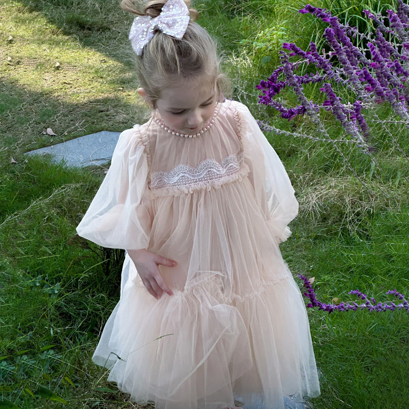 [Archive Sale] Mesh Folds Lace Long Sleeve Mid-long Dresses - image 14