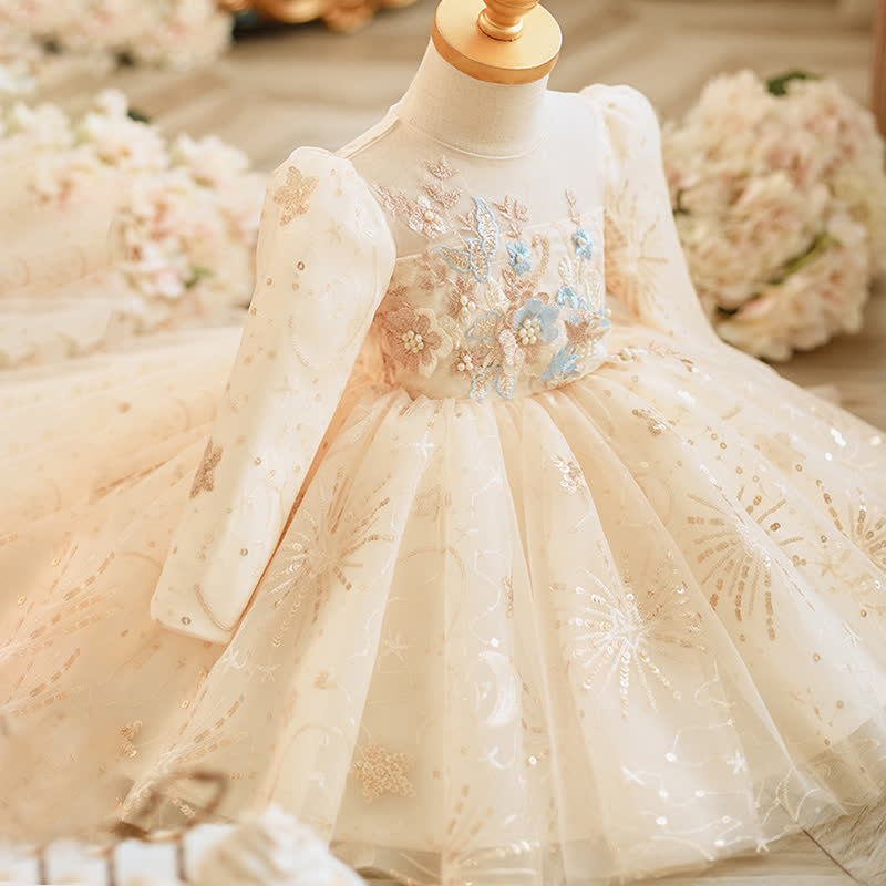 Mesh Rosette Sequins Long Sleeve Mid-long Dresses - image 4