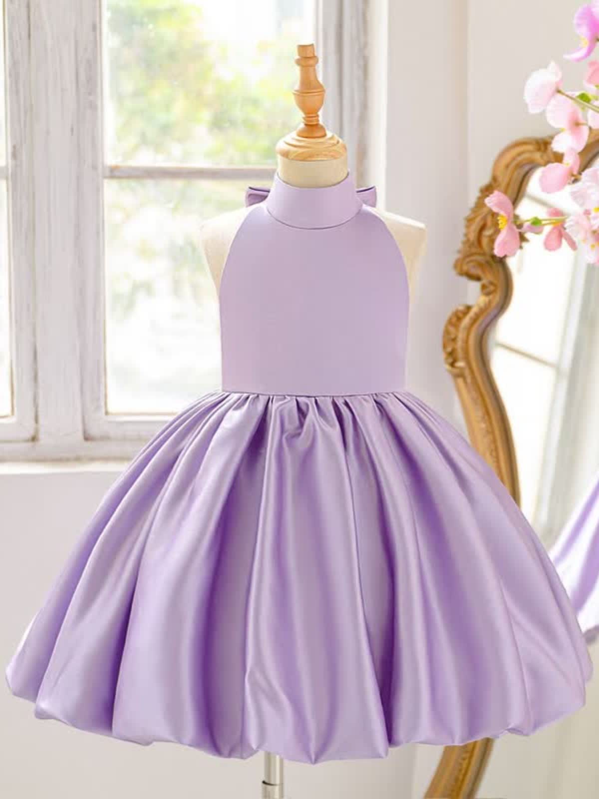 Satin Bow Backless Sleeveless Short Dresses - Light Purple - 8Y - image 8