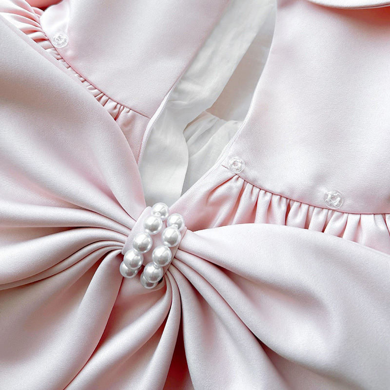 Satin Bow Imitation Pearls Long Sleeve Mid-long Dresses - image 8