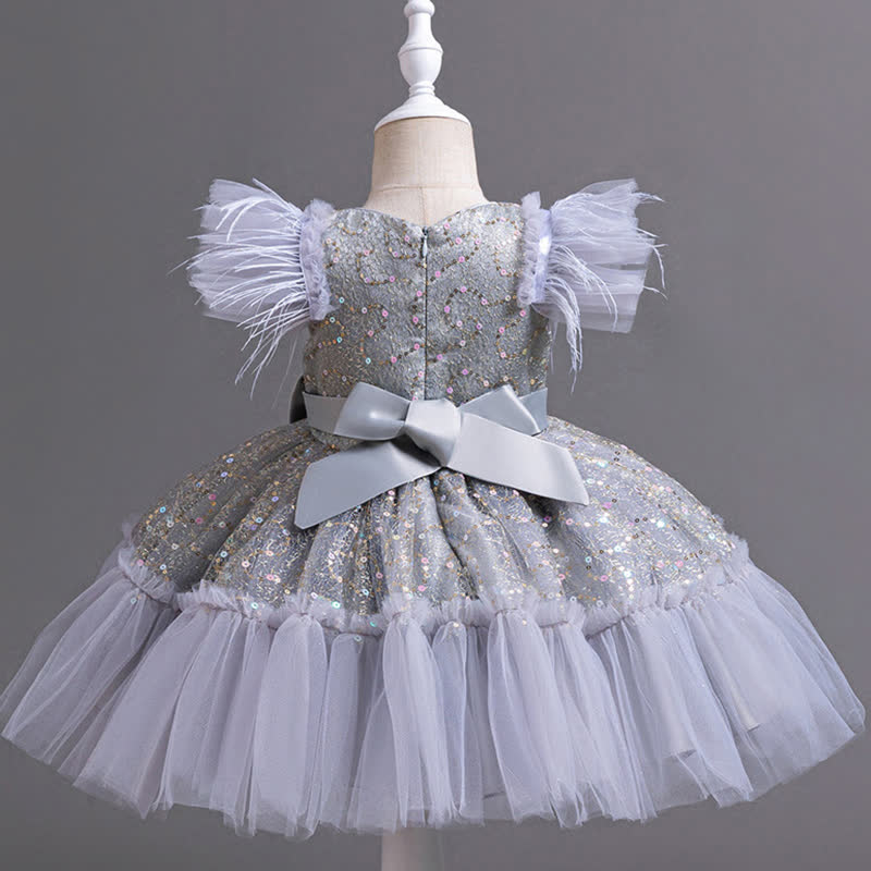 Mesh Feather-trimmed Bow Cap Sleeve Mid-long Dresses - image 3