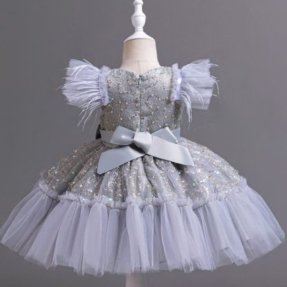 Mesh Feather-trimmed Bow Cap Sleeve Mid-long Dresses - image 3