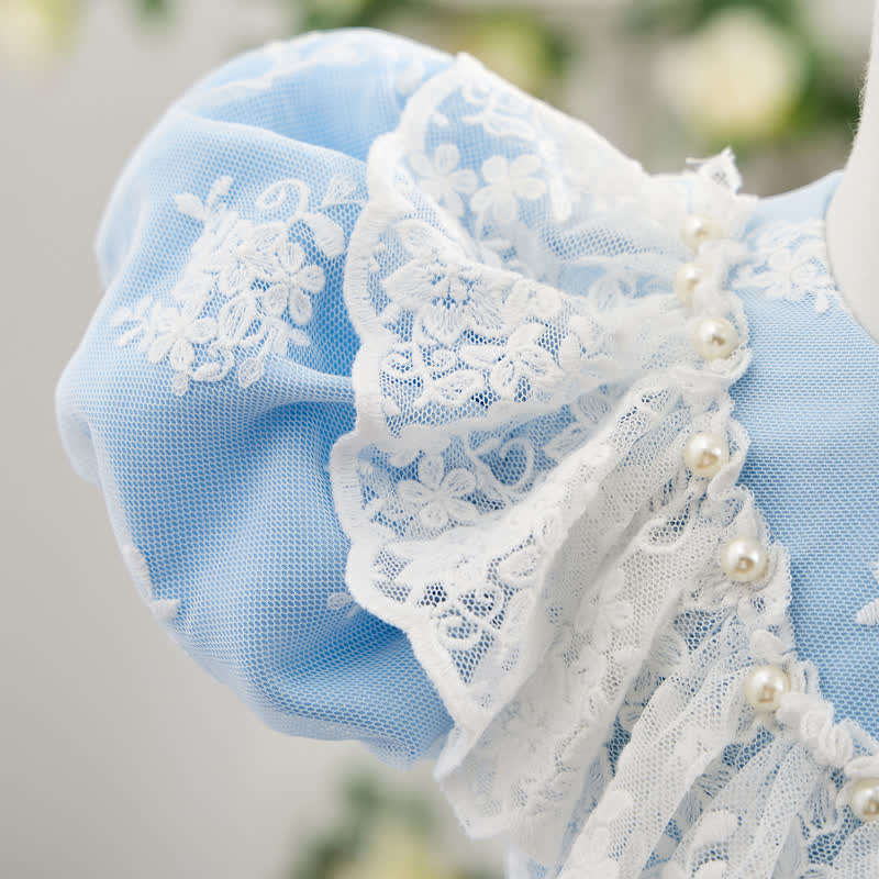 Satin & Mesh Pearl Lace Edge Short Sleeve Midi Dresses - image 14
