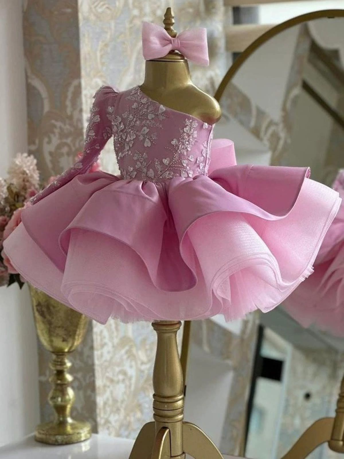 Satin Bow Long Sleeve Short Dresses - image 3