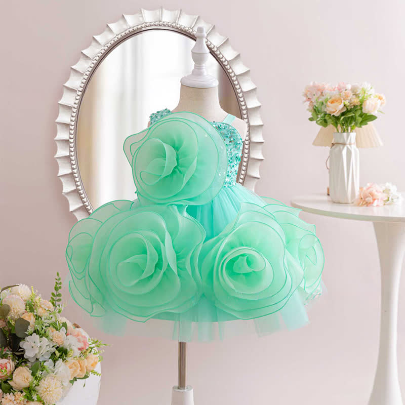 Mesh Rosette Sequins Sleeveless Mid-long Dresses - Green - 7-8Y - image 20