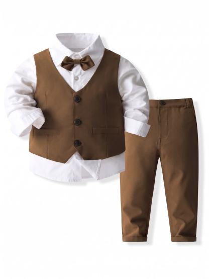 100% Cotton Bow Regular Sleeve Formal Suit - Brown - 140cm - image 62