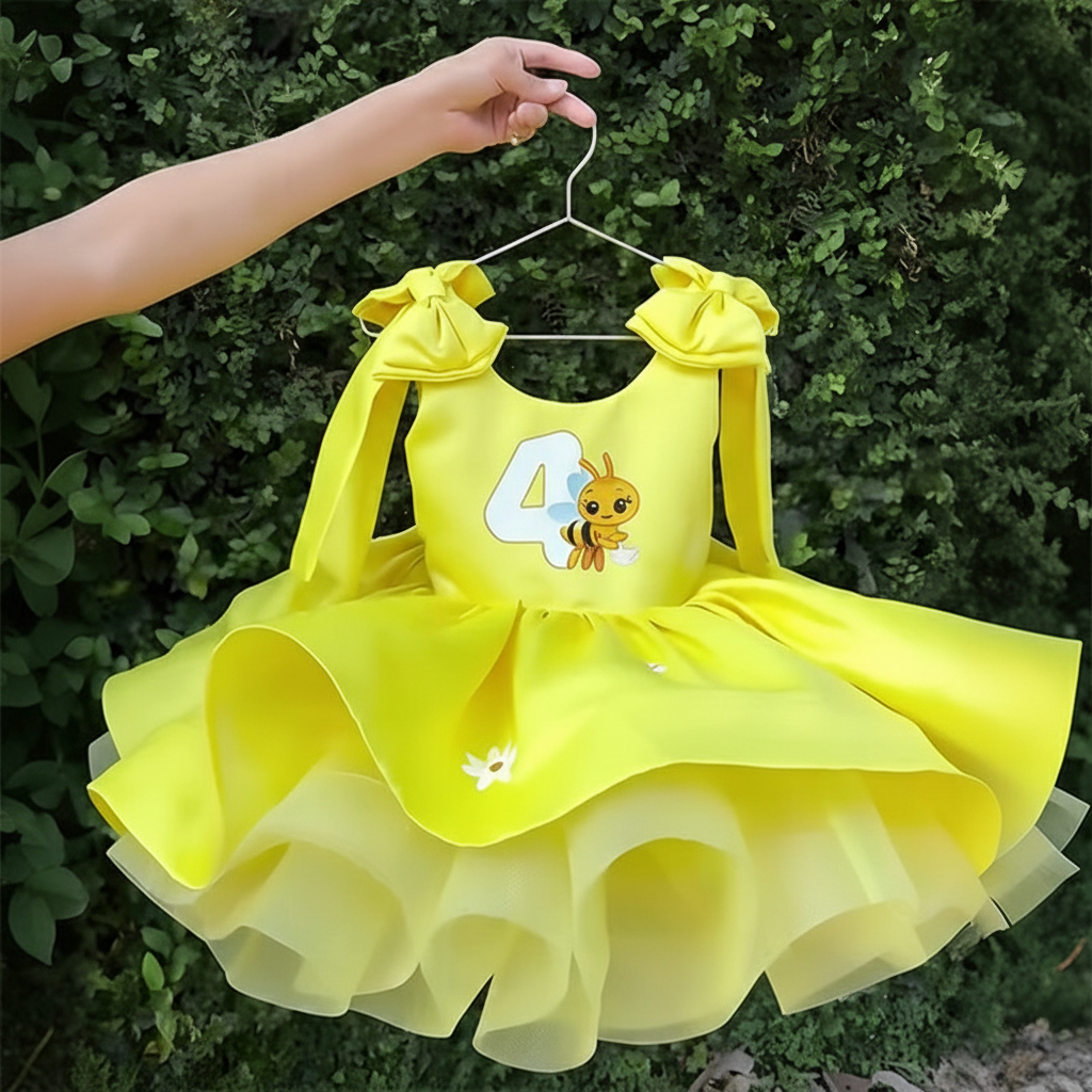 Satin Bow Printing Sleeveless Short Dresses - Yellow - 4Y - image 5