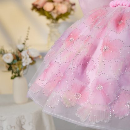 Mesh Bow Imitation Pearls Short Sleeve Mid-long Dresses - image 5
