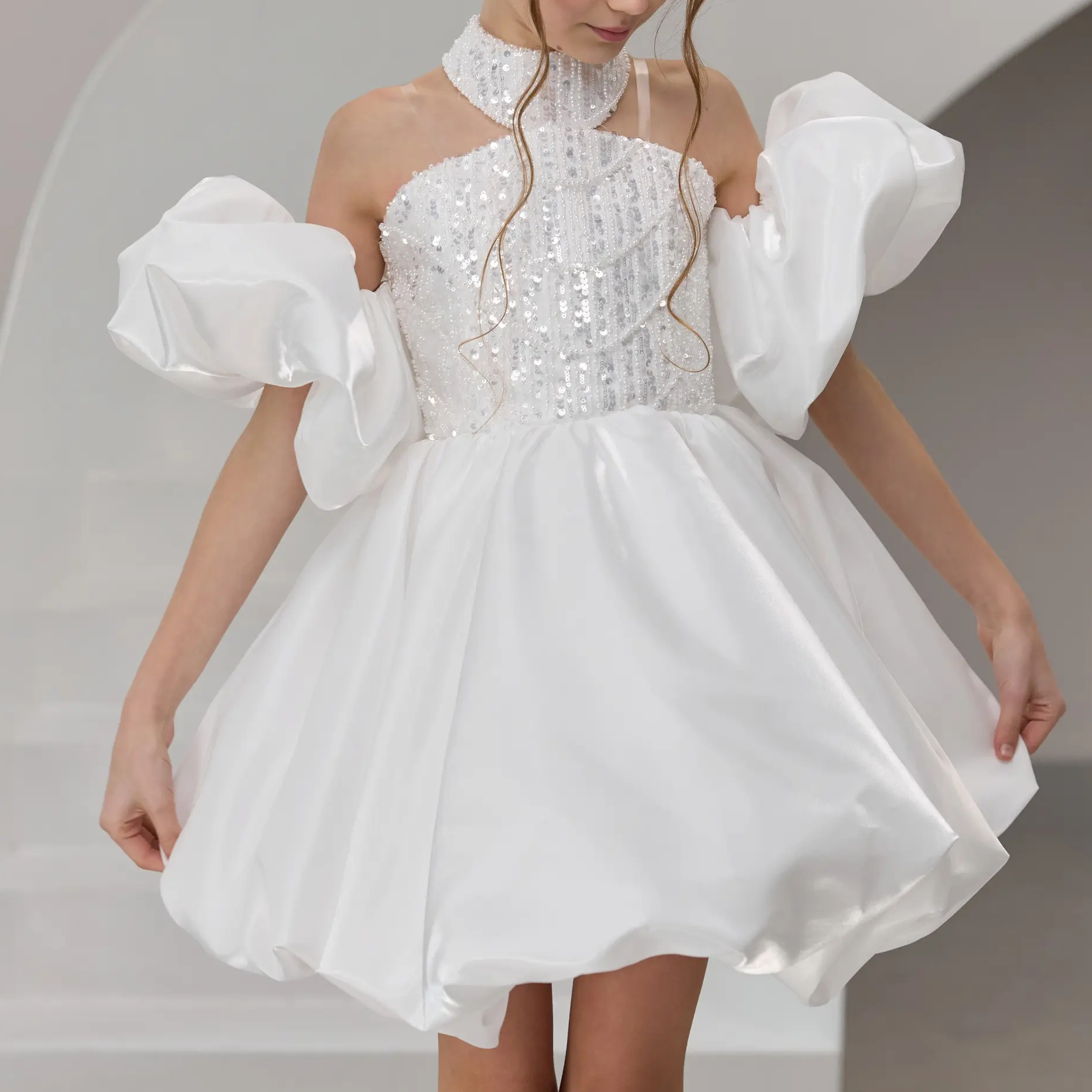 Satin & Glitter Sequins Sleeveless Short Dresses - image 8