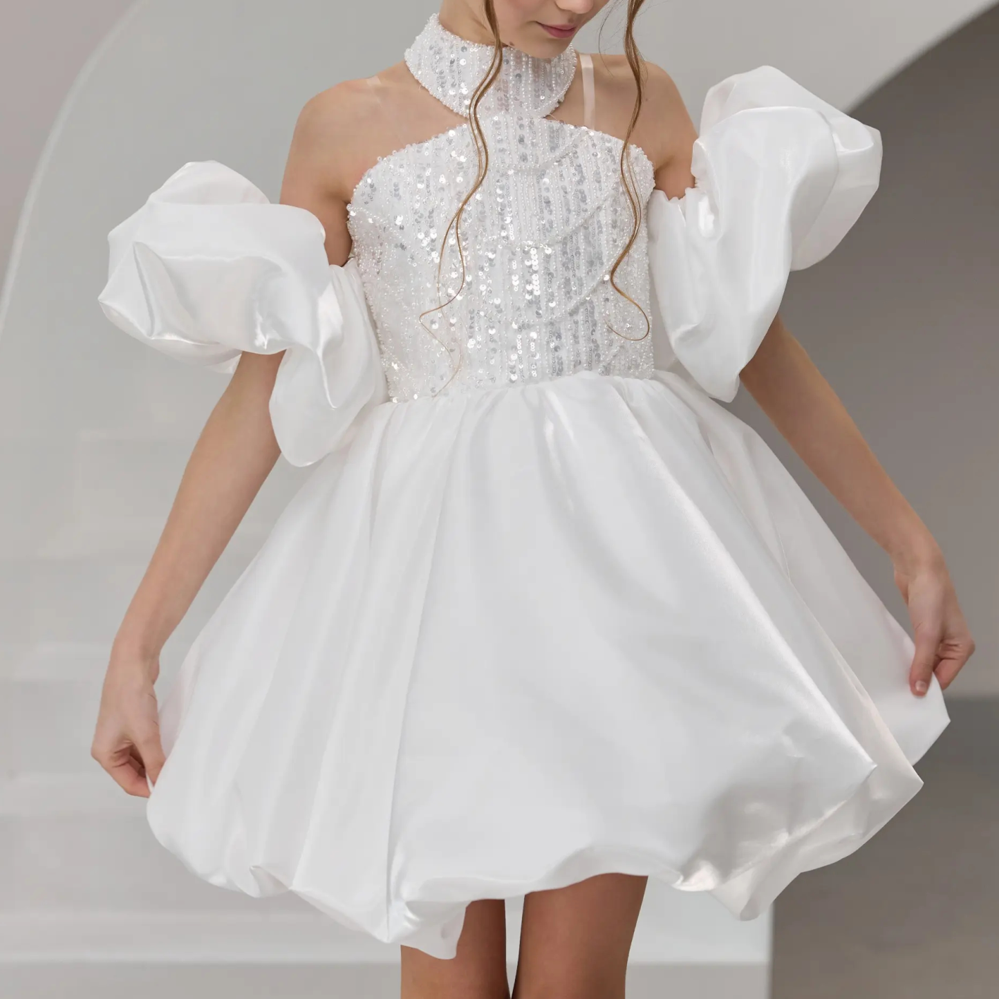 Satin & Glitter Sequins Sleeveless Short Dresses - image 8