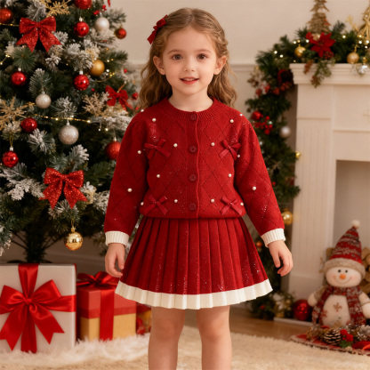 Yarn/wool Yarn Bow Imitation Pearls Long Sleeve Regular Two-piece Set - Red - 130cm - image 13