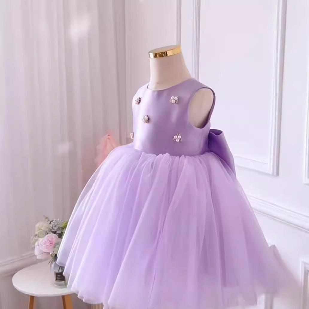 Satin & Mesh Pearl Bow Folds Sleeveless Short Dresses - image 3