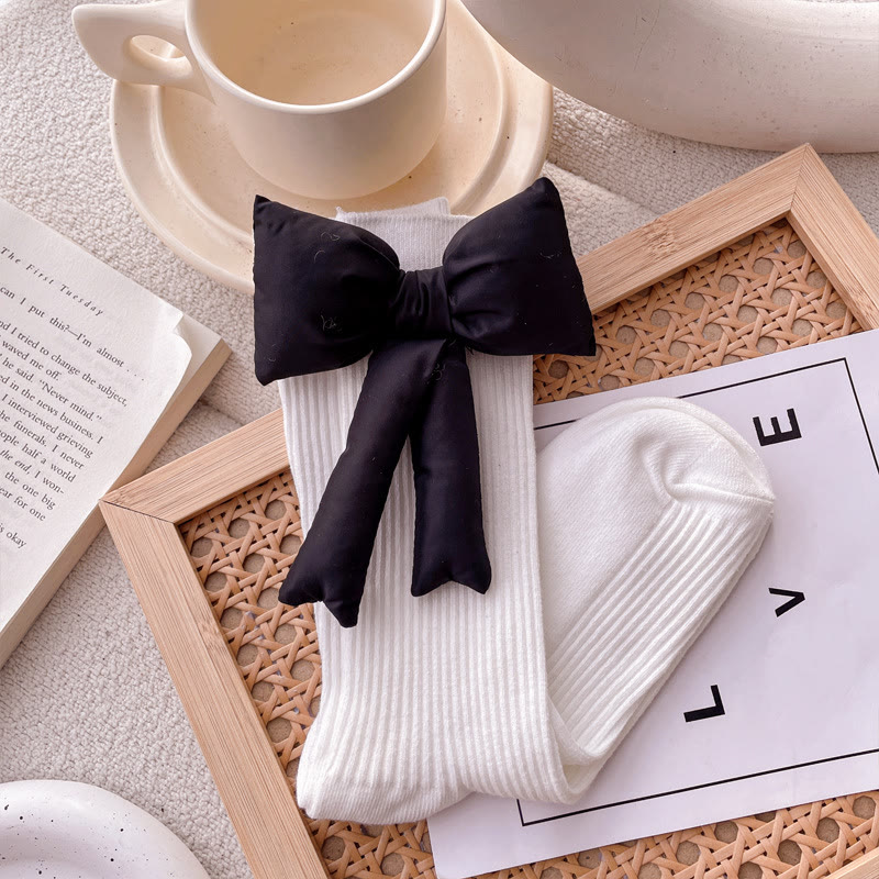 Solid With Bow Socks - White & Black  - 22cm-24.5cm - image 6