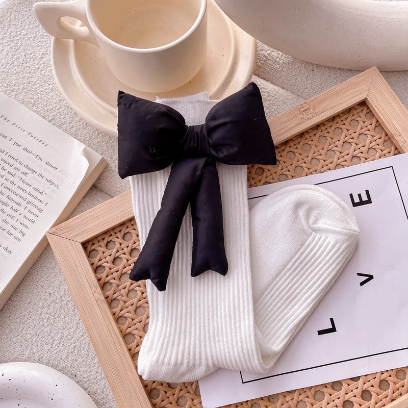 Solid With Bow Socks - White & Black  - 22cm-24.5cm - image 6