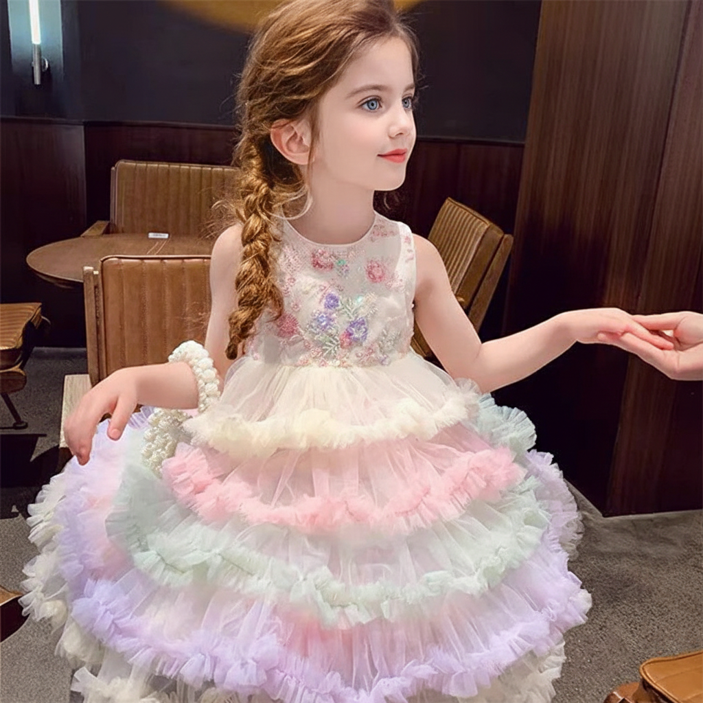 Mesh Floral-embroidered Folds Sleeveless Mid-long Dresses - image 4