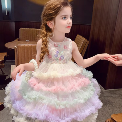 Mesh Floral-embroidered Folds Sleeveless Mid-long Dresses - image 4