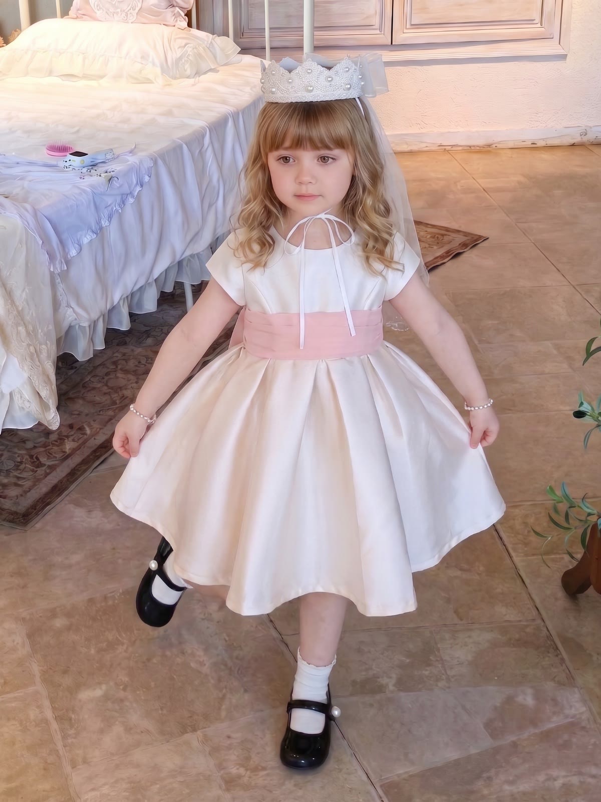 Satin Bow Short Sleeve Short Dresses - image 4