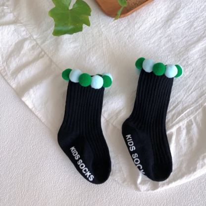 Polka Dots Fuzzy Ball Socks - Blue Green Black - 2-4Y - image 10