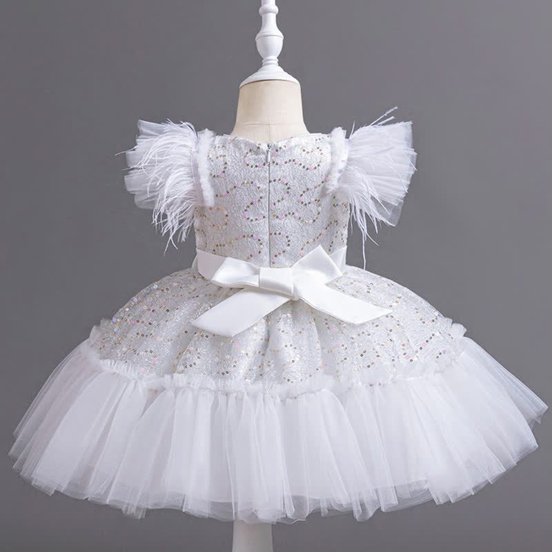 Mesh Feather-trimmed Bow Cap Sleeve Mid-long Dresses - image 15