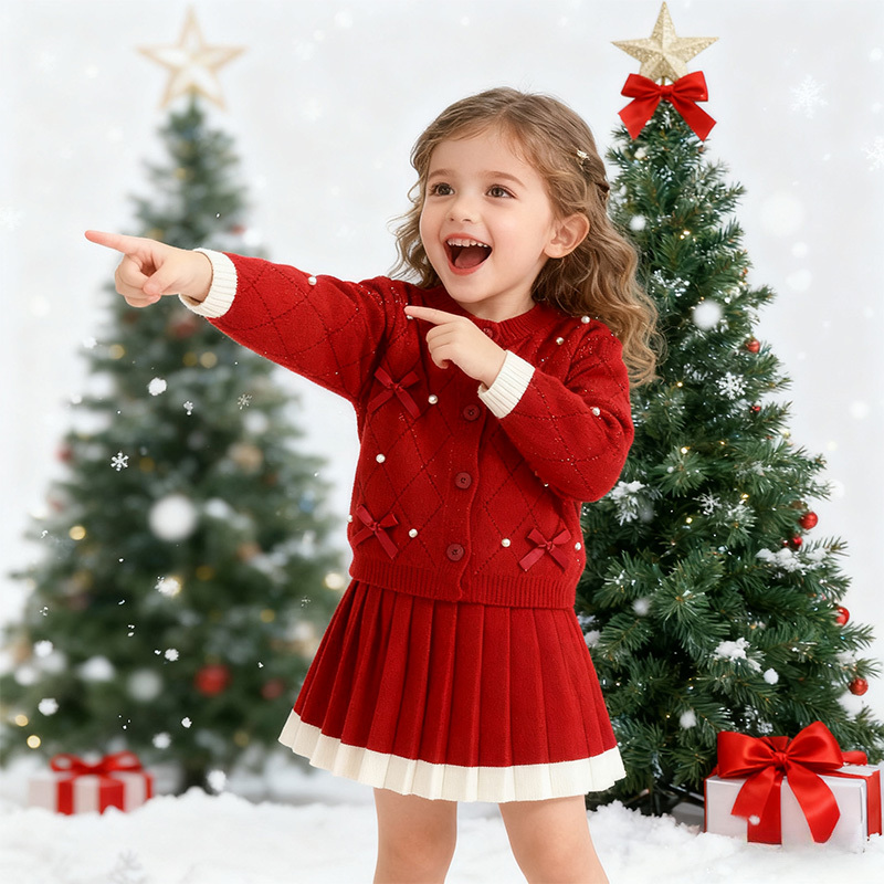 Yarn/wool Yarn Bow Imitation Pearls Long Sleeve Regular Two-piece Set - image 15