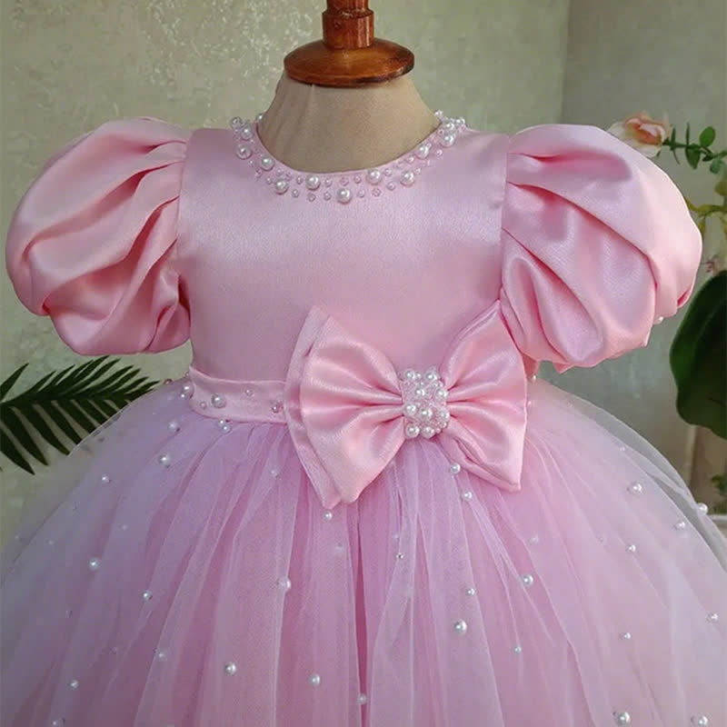 Mesh Bow Imitation Pearls Short Sleeve Mid-long Dresses - image 12