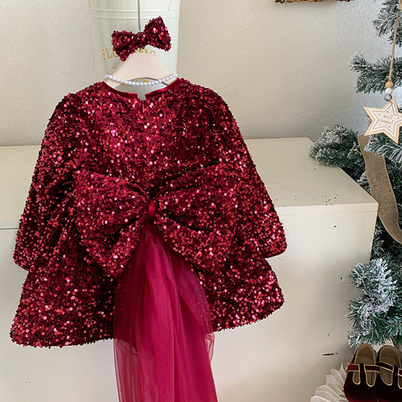 [Archive Sale] Cotton-blend Bow Fleece Sequins Long Sleeve Mid-long Dresses - image 10