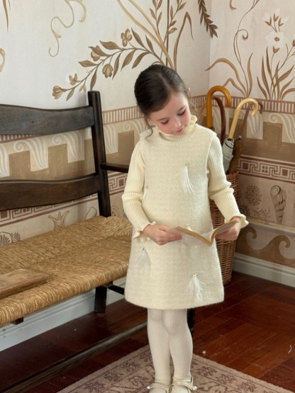 Woolen Zipper Sleeveless Short Two-piece set - Beige Dress - 140cm - image 9