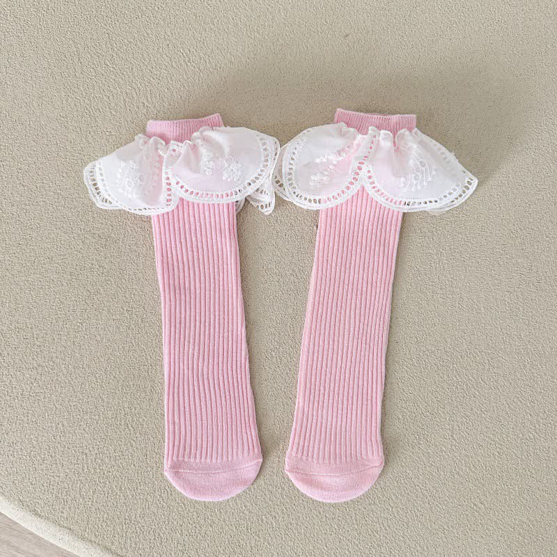 Solid Stitching Lace Socks - Pink - One Size (Fits 7-16Y) - image 6
