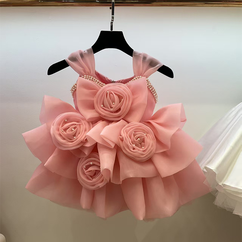 Organza Imitation Pearls Rosette Sleeveless Short Dresses - image 5