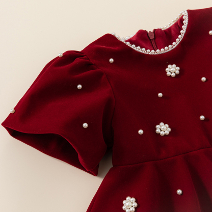 Velvet Imitation Pearls Short Sleeve Midi Dresses - image 6