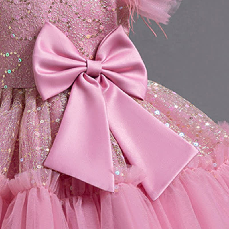 Mesh Feather-trimmed Bow Cap Sleeve Mid-long Dresses - image 22